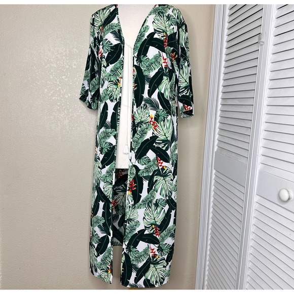 Rachel Zoe OS Green Tropical Palm Open Front Kimono Kaftkan - Picture 2 of 7
